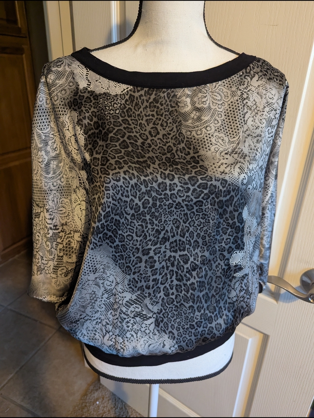 Spense Black and Gray Lace-Overlay Animal Print Blouse